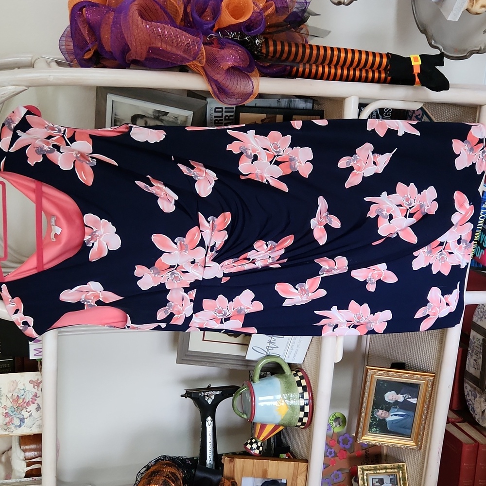 Knee length navy and peach dress.